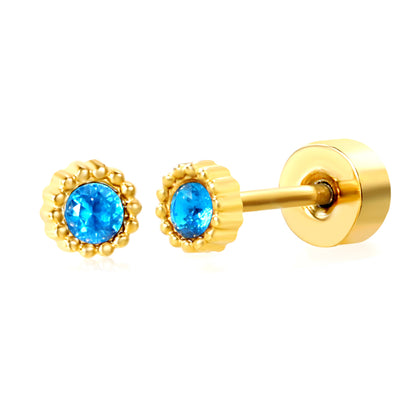 January ~ December Birthstone red / dark purple / aquamarine / white / green / light purple / rose / olive green / navy blue / pink / lemon yellow / lake blue zircon 3.4mm bead side round 0.8 * 9mm pin Screw plug earrings gold color