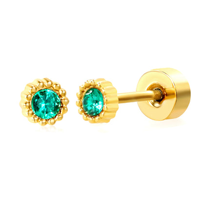 January ~ December Birthstone red / dark purple / aquamarine / white / green / light purple / rose / olive green / navy blue / pink / lemon yellow / lake blue zircon 3.4mm bead side round 0.8 * 9mm pin Screw plug earrings gold color