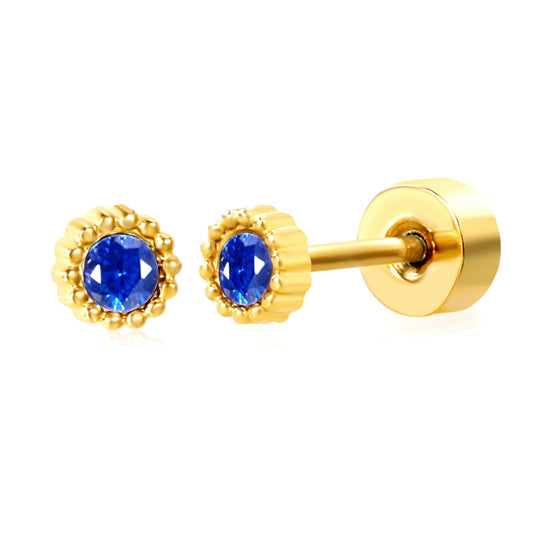 January ~ December Birthstone red / dark purple / aquamarine / white / green / light purple / rose / olive green / navy blue / pink / lemon yellow / lake blue zircon 3.4mm bead side round 0.8 * 9mm pin Screw plug earrings gold color