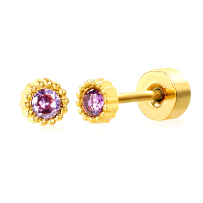 January ~ December Birthstone red / dark purple / aquamarine / white / green / light purple / rose / olive green / navy blue / pink / lemon yellow / lake blue zircon 3.4mm bead side round 0.8 * 9mm pin Screw plug earrings gold color