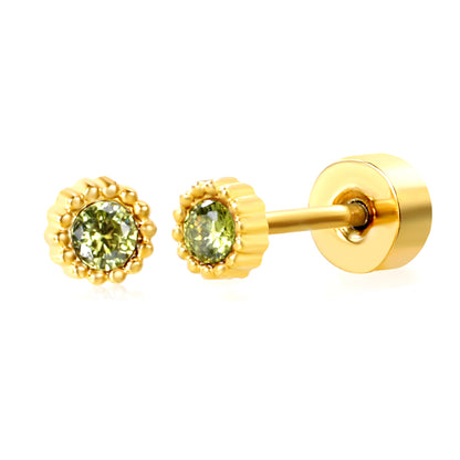 January ~ December Birthstone red / dark purple / aquamarine / white / green / light purple / rose / olive green / navy blue / pink / lemon yellow / lake blue zircon 3.4mm bead side round 0.8 * 9mm pin Screw plug earrings gold color