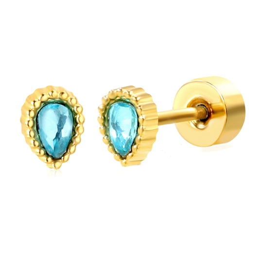3.5*4.7mm bead side teardrop with blue zirconium 0.8*9mm pin Screw plug earrings gold color