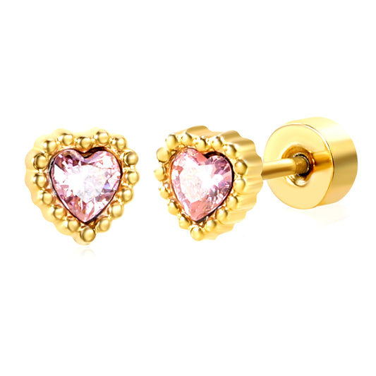 5*5.2mm bead side heart shape with pink zirconium 0.8*9mm pin Screw-on earrings gold color