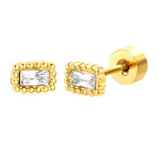 3.3*4.9mm bead side rectangle with white zirconium 0.8*9mm pin Screw-on earrings gold color