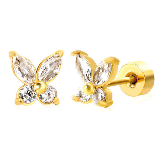 6*6.2mm Butterfly with white zirconium 0.8*9mm pin Screw-on earrings gold color