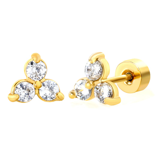 7mm Tri-circle with white zirconium 0.8*9mm pin Screw-on earrings gold color