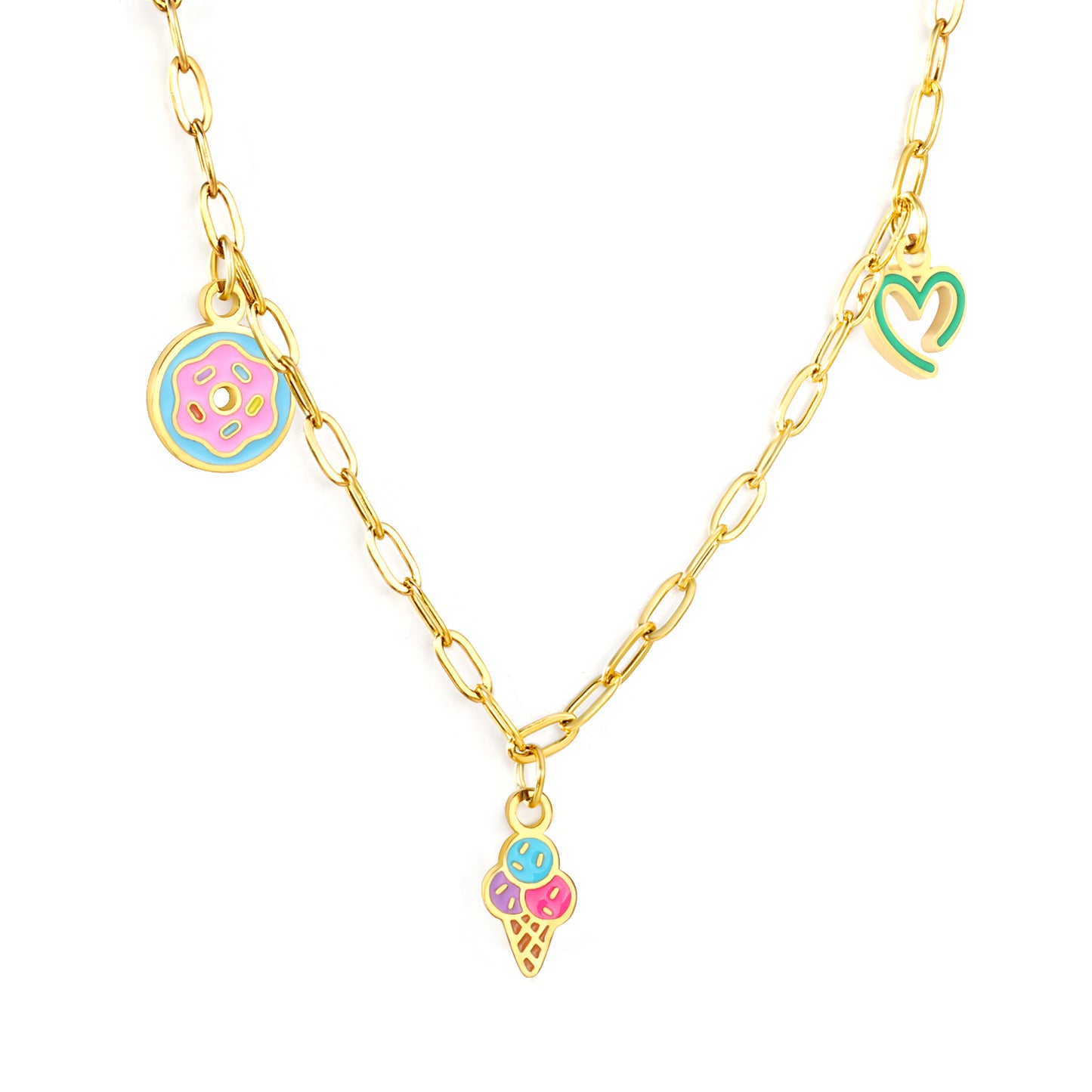 8.2mm donut+4.6*9.3mm ice cream+6.6*7.8mm open heart circle accessories thick 1.2mm square wire 1.8*4.2mm*40+5cm necklace gold color