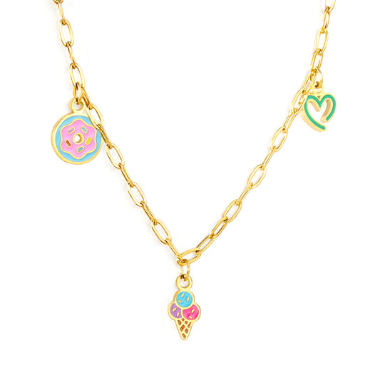 8.2mm donut+4.6*9.3mm ice cream+6.6*7.8mm open heart circle accessories thick 1.2mm square wire 1.8*4.2mm*40+5cm necklace gold color