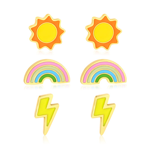 Oil dripping 1.2mm thick 0.8*9mm pin Three pairs of mixed screw-in earrings set Gold 7mm sun, 8.3*4.3mm rainbow, 4*7mm lightning bolt