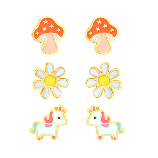 8mm small daisy, 6*7mm small mushroom, 7.3*7mm carousel horse oil dripping 1.2mm thick 0.8*9mm pin Three pairs of mixed screw plug earrings set Gold color