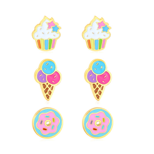 6*7.3mm Cake Cups, 7.7mm Donuts, 4.7*7.3mm Ice Cream Drip Oil 1.2mm Thick 0.8*9mm Needle Three Pairs Mixed Screw Plug Earrings Set Gold Color