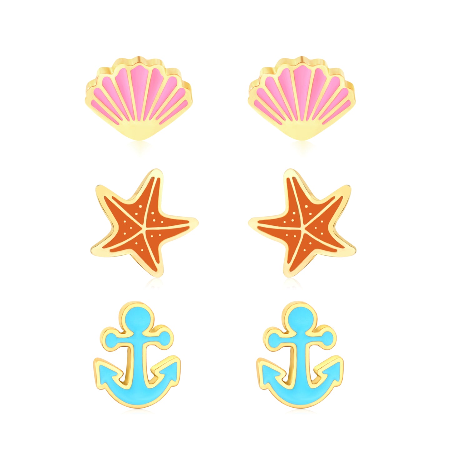 7.6*6mm shell, 7*6.5mm starfish, 5.5*6.8mm anchor Oil dripping 1.2mm thick 0.8*9mm pin Three pairs of mixed screw plug earrings set Gold color