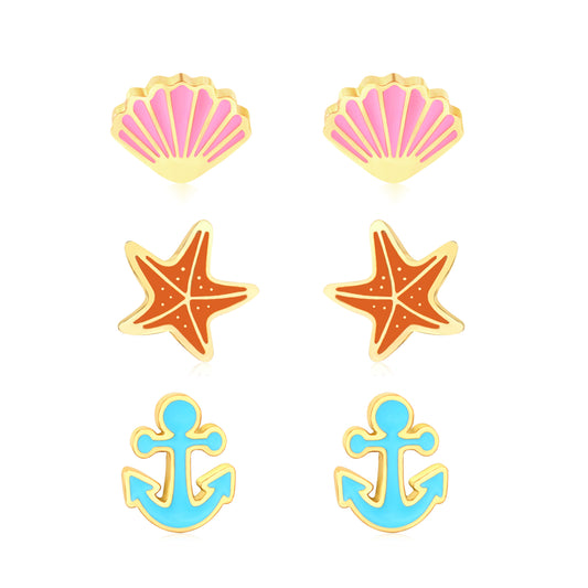 7.6*6mm shell, 7*6.5mm starfish, 5.5*6.8mm anchor Oil dripping 1.2mm thick 0.8*9mm pin Three pairs of mixed screw plug earrings set Gold color