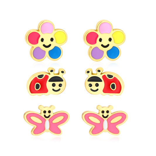 7*4.7mm Butterfly, 6.6mm Colorful Flower, 6.6*4.6mm Bee Oil Drip 1.2mm Thick 0.8*9mm Needle Three Pairs Mixed Screw Stud Earrings Set Gold Color