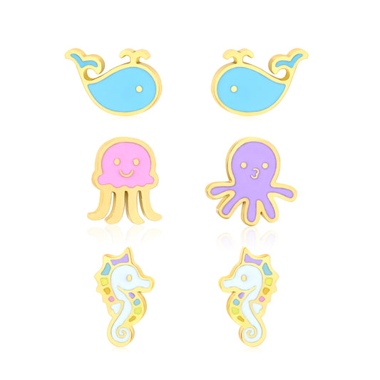 7*5.2mm whale, 7.2*6.8mm octopus+5.4*6.5mm jellyfish, 4*7.6mm seahorse Oil dripping 1.2mm thick 0.8*9mm pin Three pairs of mixed screw plug earring set Gold Color