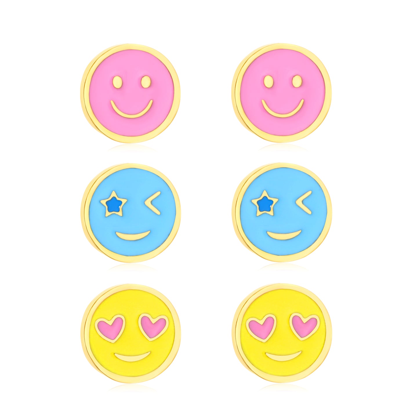 6.3m round hippie face, 6.3mm round obsessed face, 6.3mm round smiley face Oil dripping 1.2mm thick 0.8*9mm pin Three pairs of mixed screw plug earrings set Gold color