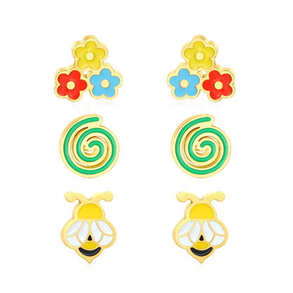 7.4mm three flowers, 6*6.4mm spiral, 5.4*7.2mm bee oil dripping 1.2mm thick 0.8*9mm pin Three pairs of mixed screw plug earrings set Gold color