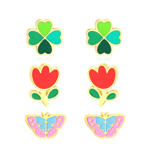 6.3mm four-leaf clover, 4.8*7mm small red flower, 7.8*5mm butterfly oil dripping 1.2mm thick 0.8*9mm needle three pairs of mixed screw plug earrings set gold color