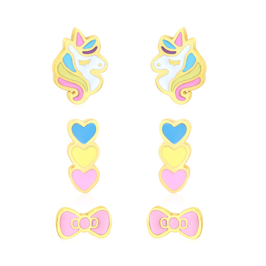 5.3*7.3mm Unicorn, 3*7.3mm Triple Heart, 6.8*3.7mm Bow Tie, Oil Drip 1.2mm Thick 0.8*9mm Needle Three Pairs of Mixed Screw-in Earrings Set Gold Color