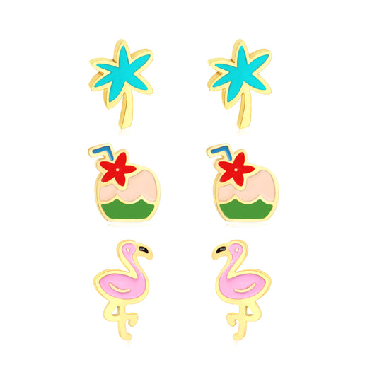 5*7mm Coconut Tree, 6*6.4mm Coconut, 4*7.4mm Flamingo Oil Drip 1.2mm Thick 0.8*9mm Needle Three Pairs Mixed Screw In Stud Earrings Set Gold Color