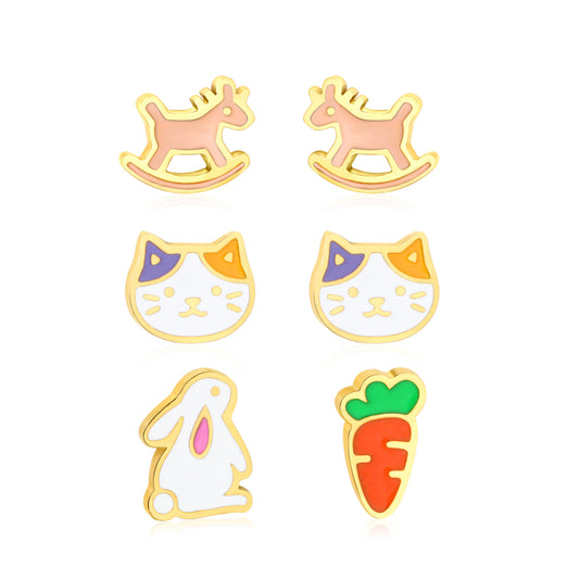 6.6*5.5mm rocking horse, 6.4*5.6mm kitten, 3.7*6.5mm carrot+5*6.6mm rabbit Oil dripping 1.2mm thick 0.8*9mm pin Three pairs of mixed screw plug earring set Gold Color