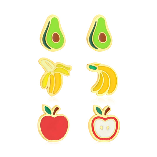 4.6*6.5mm Avocado, 6.6*7.3mm Peeled Banana + 5.3*6mm Three Bananas, 5.8*6.8mm Apple Oil Drip 1.2mm Thick 0.8*9mm Pin Three Pairs of Mixed Screw Plug Earrings Set Gold Color