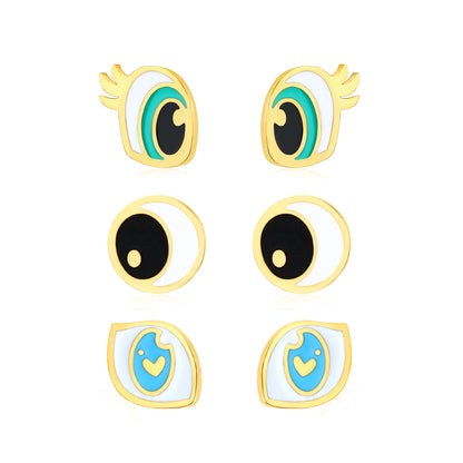 6mm eye 1, 5.8mm eye 2, 7.8*5.9mm eye 3 Oil dripping 1.2mm thick 0.8*9mm pin Three pairs mixed screw plug earring set Gold color