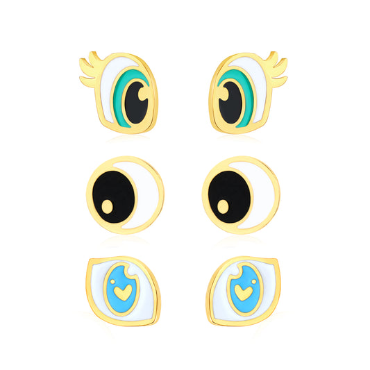 6mm eye 1, 5.8mm eye 2, 7.8*5.9mm eye 3 Oil dripping 1.2mm thick 0.8*9mm pin Three pairs mixed screw plug earring set Gold color