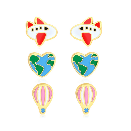 6.9*6.5mm airplane, 7.2*6.5mm heart-shaped globe, 4.8*7.2mm hot air balloon Oil dripping 1.2mm thick 0.8*9mm pin Three pairs of mixed screw plug earrings set Gold color
