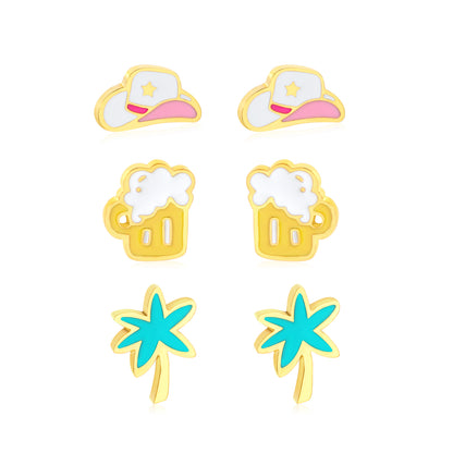 7.3*4.2mm Cowboy Hat, 5.6*6.6mm Beer Mug, 5*7mm Coconut Tree Oil Drip 1.2mm Thick 0.8*9mm Needle Three Pairs Mixed Screw Plug Earring Set Gold Color