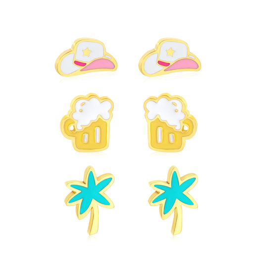 7.3*4.2mm Cowboy Hat, 5.6*6.6mm Beer Mug, 5*7mm Coconut Tree Oil Drip 1.2mm Thick 0.8*9mm Needle Three Pairs Mixed Screw Plug Earring Set Gold Color