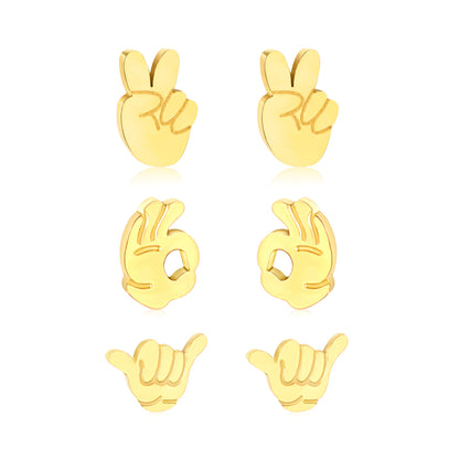 4*6mm Scissors Gesture, 4*5.8mm OK Gesture, 6*4.2mm Six Six Gesture 1.2mm Thick 0.8*9mm Pin Three Pairs of Mixed Screw-in Earrings Set Gold Color
