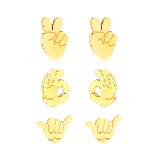 4*6mm Scissors Gesture, 4*5.8mm OK Gesture, 6*4.2mm Six Six Gesture 1.2mm Thick 0.8*9mm Pin Three Pairs of Mixed Screw-in Earrings Set Gold Color