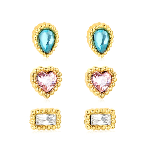 3.5*4.7mm bead side teardrop with blue zirconium, 5*5.2mm bead side heart with pink zirconium, 3.3*4.9mm bead side rectangle with white zirconium 0.8*9mm pin Three pairs of mixed screw plug earring set Gold color