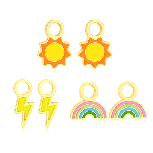 7.7*11.5mm Sun, 4.8*11.8mm Lightning, 10*9.2mm Three pairs of mixed oil drip accessories set Gold color