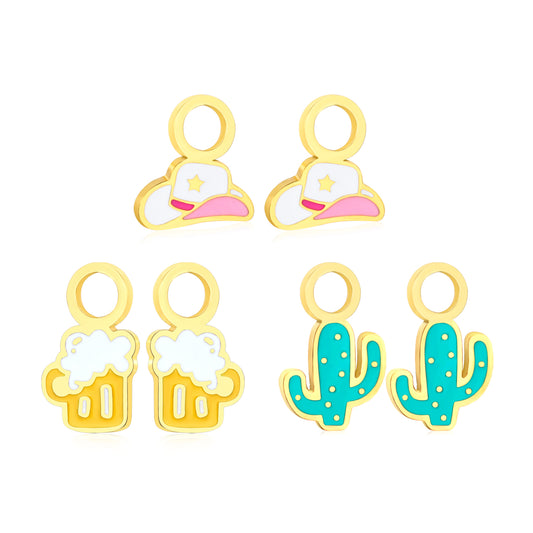7.8*8.5mm Cowboy Hat, 6.5*11.6mm Beer Mug, 7.4*12mm Cactus Three Pairs Mixed Drip Accessories Set Gold Color