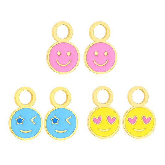 8*12mm round hippie face, 8*12mm round obsessed face, 8*12mm round smiley face 3 pairs mixed style oil dripping accessories set gold color