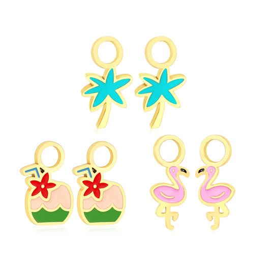 5.7*11.5mm Coconut Tree, 7.3*12.3mm Coconut, 4.9*12.5mm Flamingo Three Pairs Mixed Oil Drip Accessories Set Gold Color