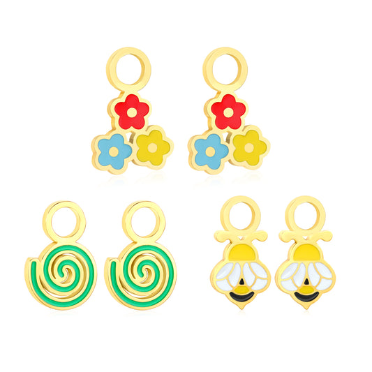 8.6*12.9mm three flowers, 7.7*11.3mm spiral, 6.2*12mm bee three pairs of mixed oil drip accessories set gold color