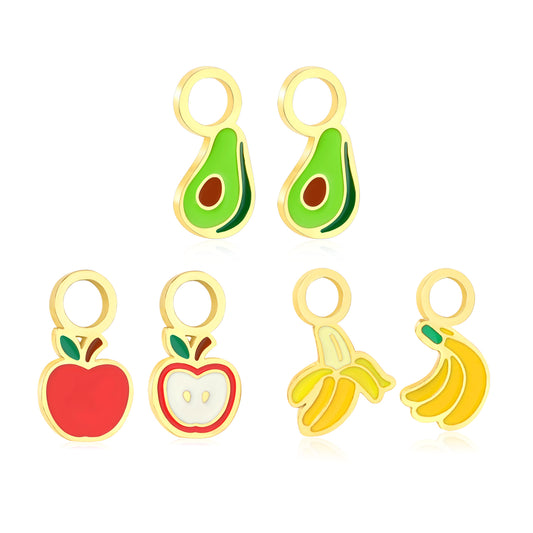 5.3*11mm Avocado, 6*11.3mm Apple, 7.4*11.7mn Peeled+5.7*11.2mm Banana Three Pairs Mixed Drip Oil Accessory Set Gold Color