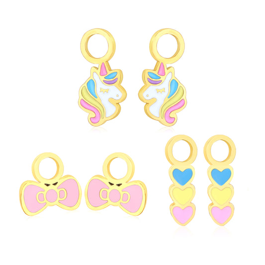 6.4*12.5mm unicorn, 8.8*8.3mm bow, 4.4*12.4mm triple heart Three pairs of mixed oil dripping accessory set gold color