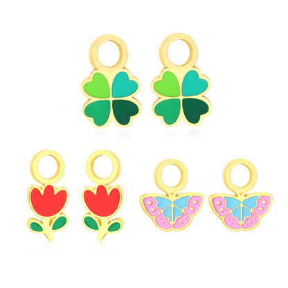 6*9.7mm four-leaf clover, 5.5*12.1mm small red flower, 8.6*9.8mm butterfly Three pairs of mixed oil dripping accessories set gold color