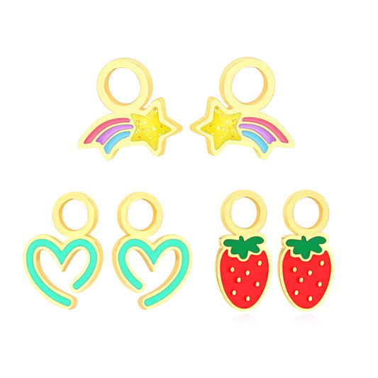 5.7*12.4mm strawberry, 8*11.5mm open heart circle, 8.6*8.7mm shooting star Three pairs of mixed oil drip accessories set gold color