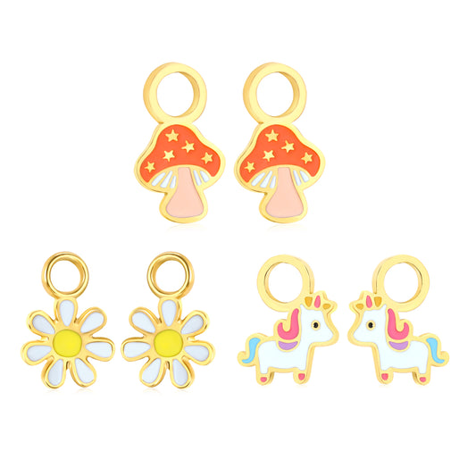 6.4*11.4mm Mushroom, 8*11.8mm Daisy, 8*10.2mm Carousel Three Pairs Mixed Drip Accessories Set Gold Color