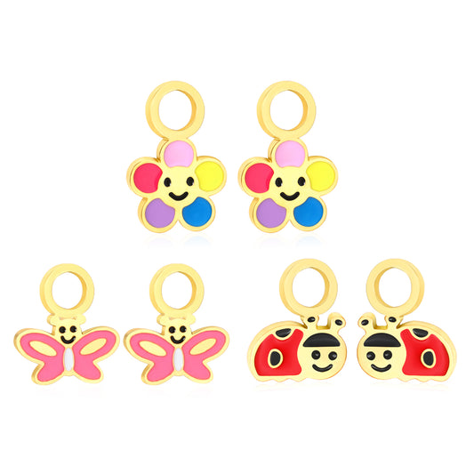 7*11.2mm Colorful Flowers, 8.3*9.8mm Butterfly, 7.3*9.6mm Beetle Three Pairs Mixed Drip Accessories Set Gold Color