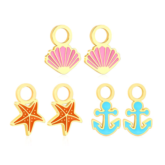 7.7*10.4mm Shell, 7.9*11.5mm Starfish, 6.4*12mm Anchor Three Pairs Mixed Drip Accessories Set Gold Color