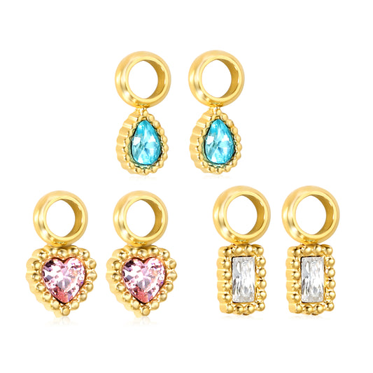 3.5*4.5mm beaded teardrop with blue zirconium/5*4.8mm beaded heart with pink zirconium/3.3*4.7mm beaded rectangle with white zirconium fittings+welded 4mm circle Three pairs of mixed fittings set Gold Color