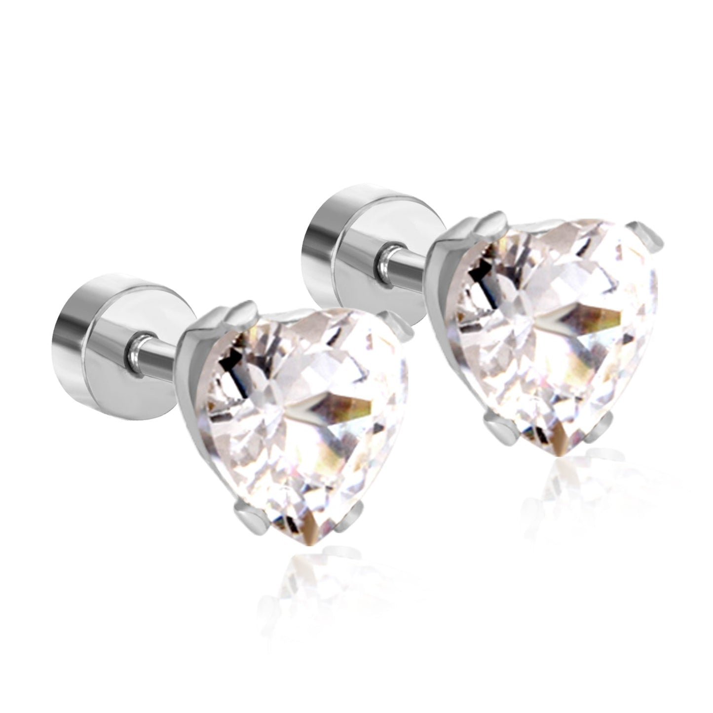 12 pair 6mm Steel/Gold Heart White/Black/Blue CZ Screw Plugs